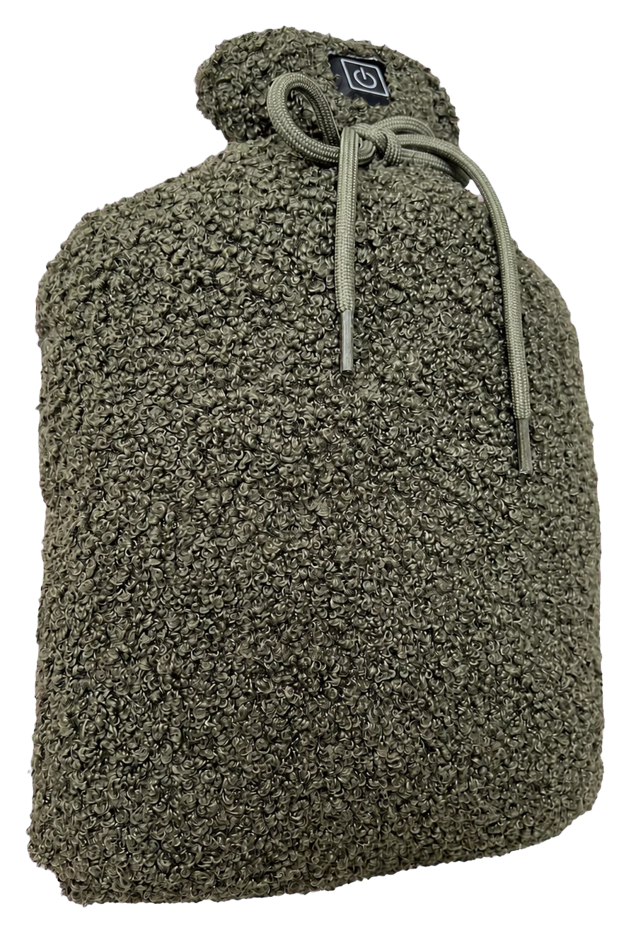 Olijfgroene Warmpi Buddy handverwarmer in teddystof met koord en bedieningsknop
