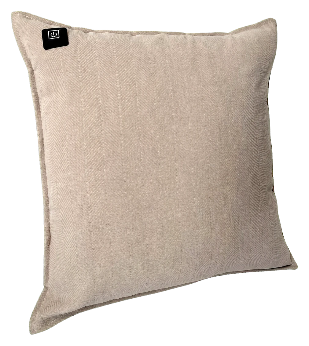 Vierkant beige chenille Warmpi warmtekussen in een volle driekwarthoek met bedieningsknop
