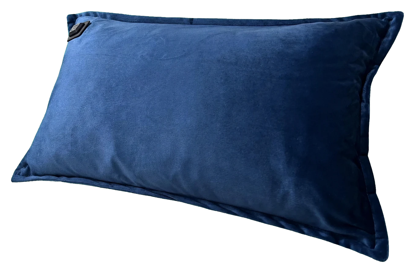 Langwerpig donkerblauw fluwelen Warmpi warmtekussen met bedieningsknop