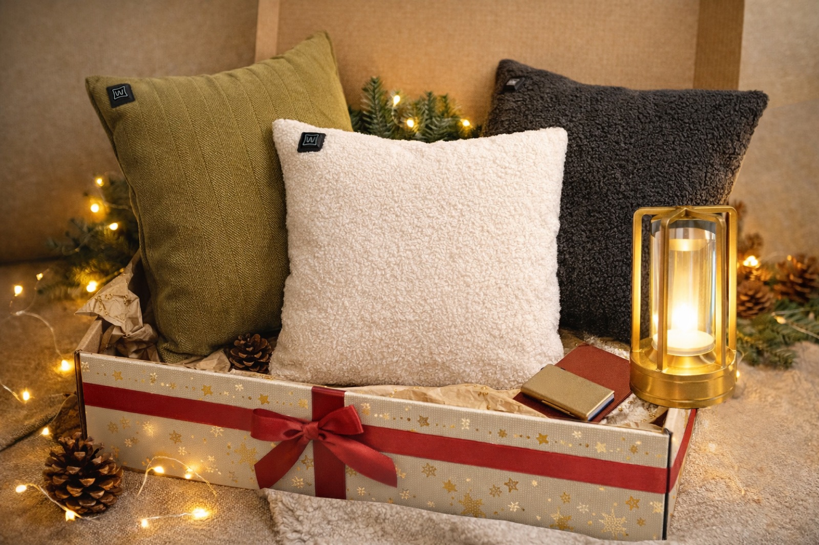 Luxe kerstdoos met drie echte Warmpi warmtekussens en warme sfeerverlichting