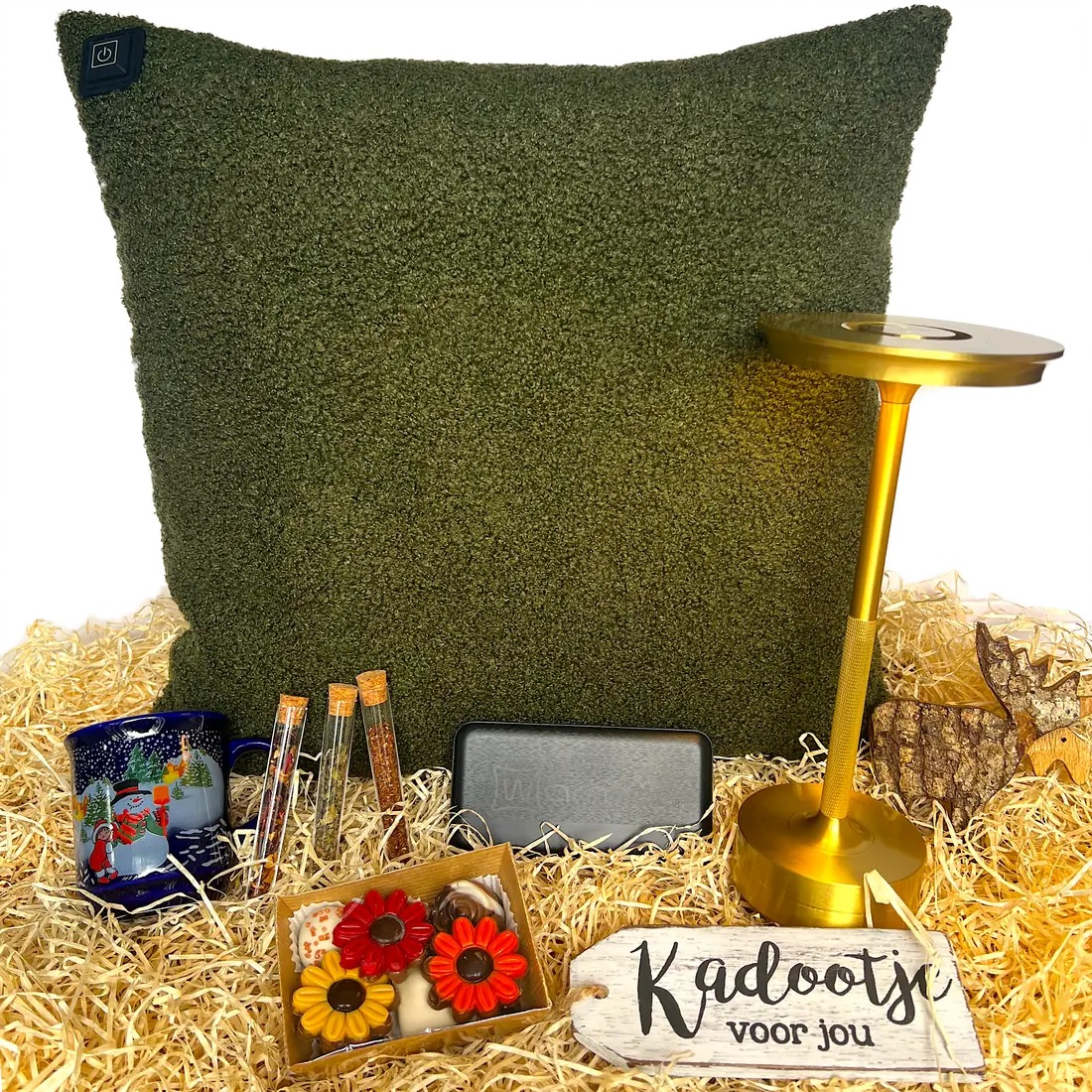 Eerder Warmpi kerstpakket met groen warmtekussen en gouden tafellamp, als inspiratie voor warmte en licht
