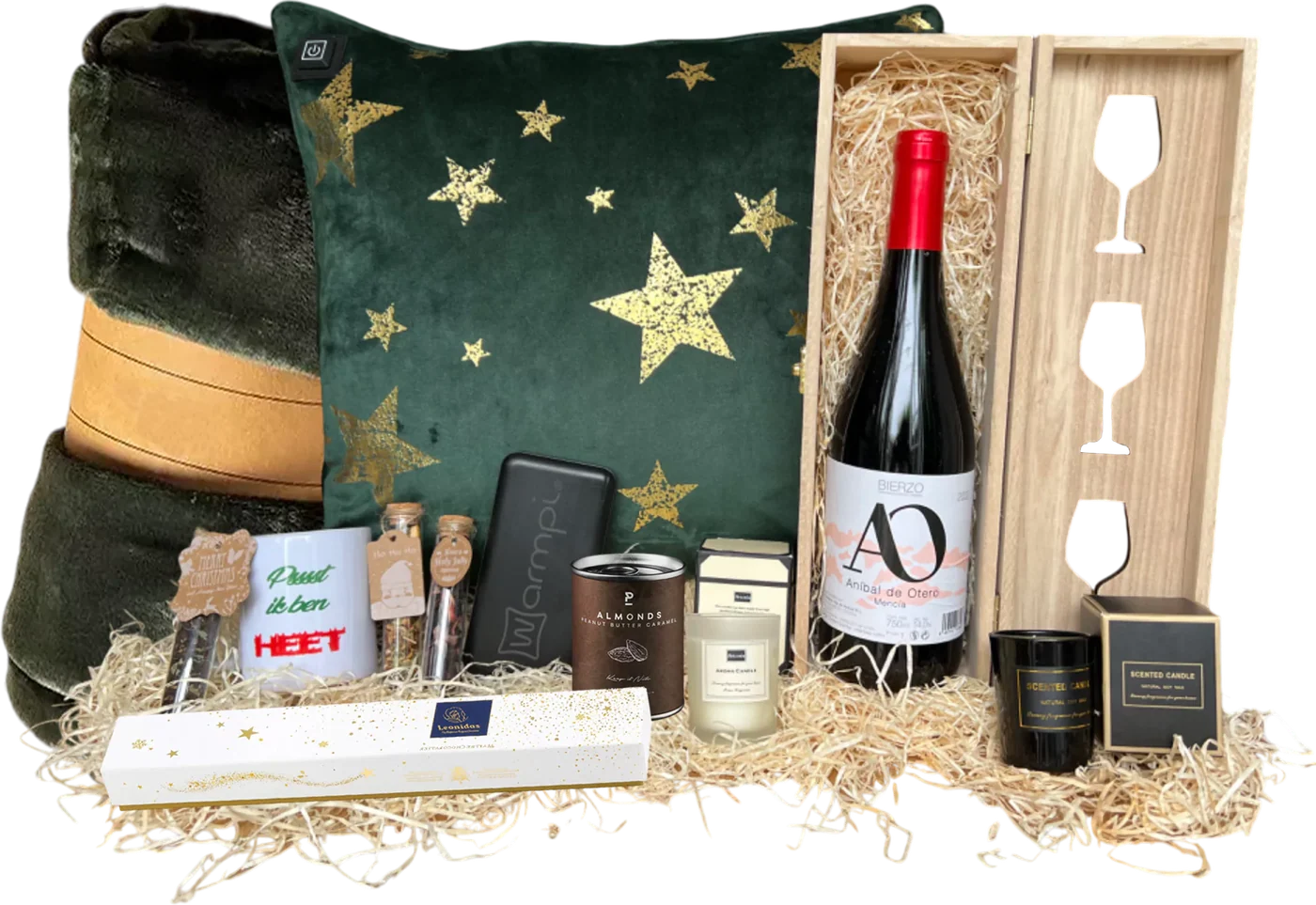 Eerder luxe Warmpi winterpakket met groen warmtekussen, een fles wijn in een houten kist en feestelijke lekkernijen